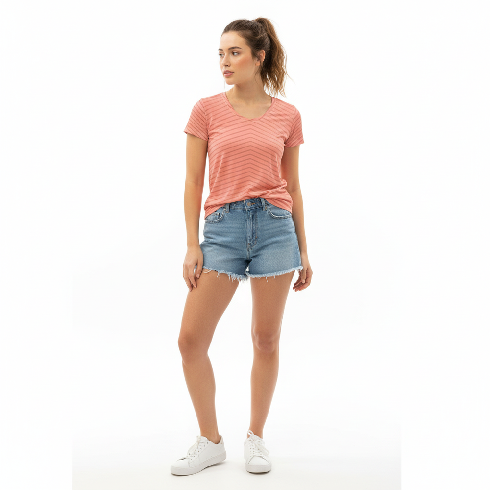 Stripes-on Athletic Tee with Denim Shorts