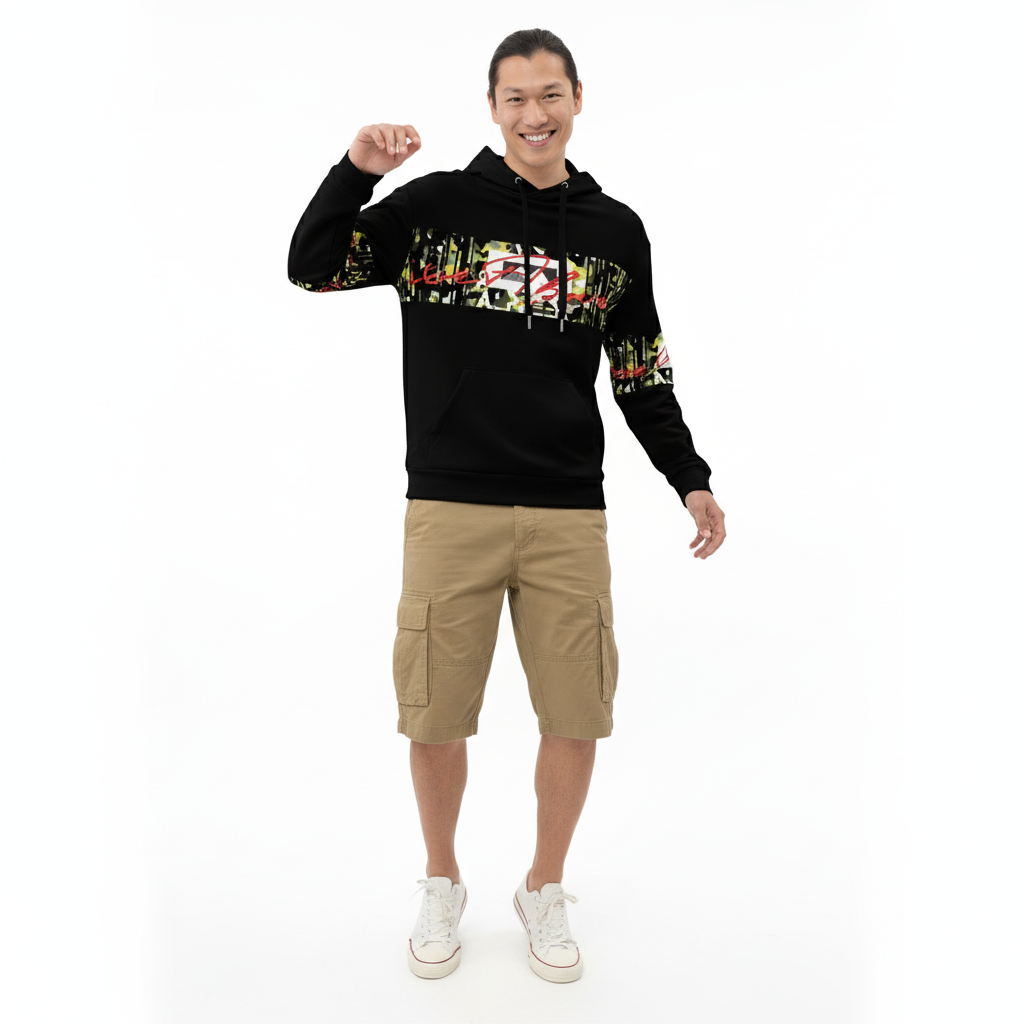 Summer fun - black hoodie with cargo shorts