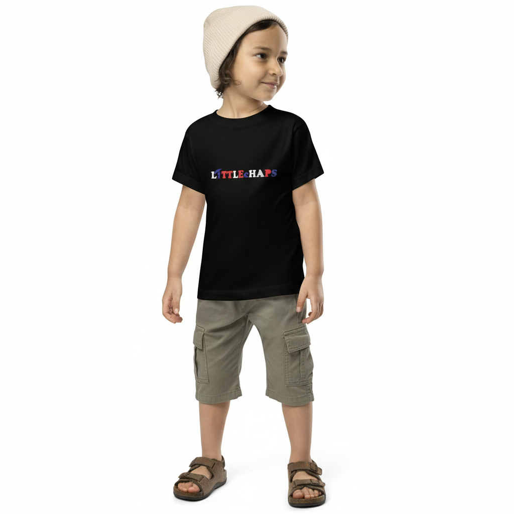 T-shirt with khaki cargo shorts and sandals