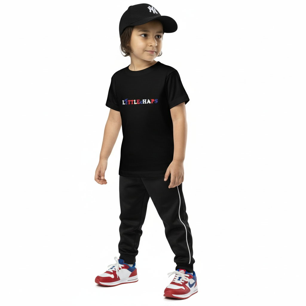 T-shirt with track pants and baseball cap
