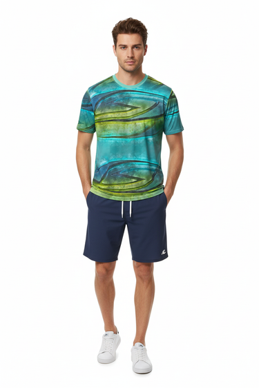 Tee with navy boardshorts