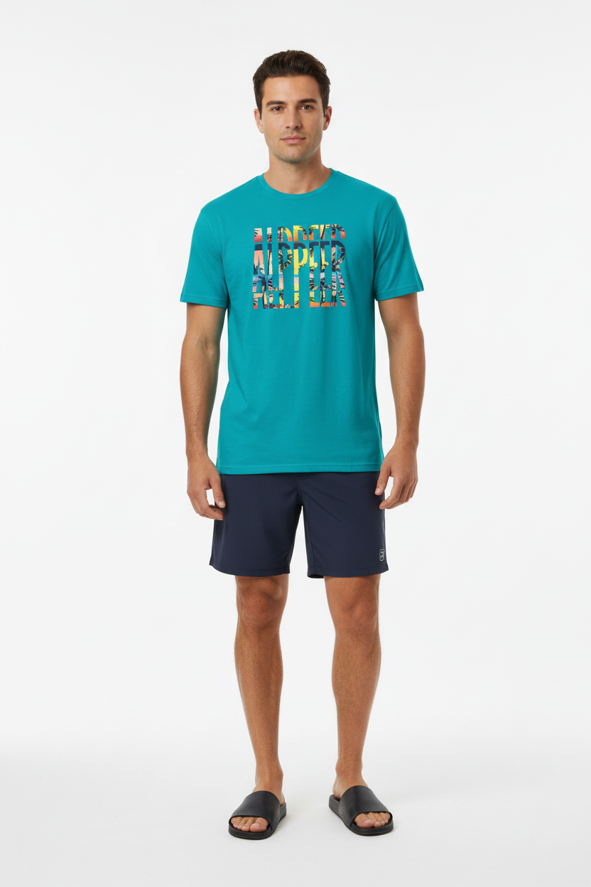 Tropical Blue ALPPEER Tee with Navy Boardshorts - Full Body New
