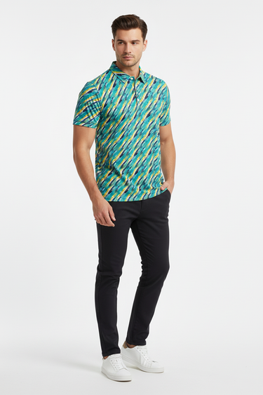 Vibrant diagonal print polo casual pose