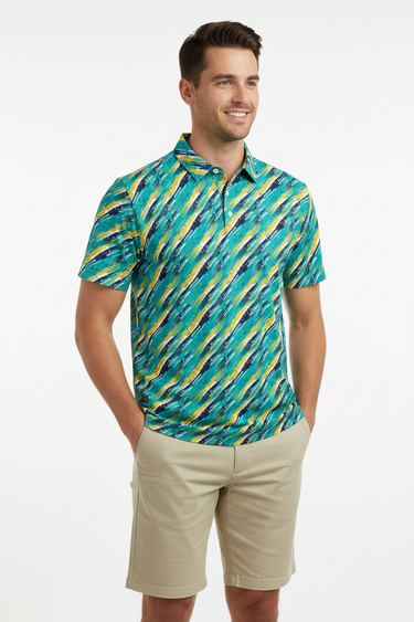 Vibrant diagonal print polo with natural smile