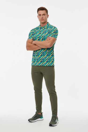Vibrant print polo with olive joggers
