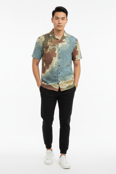 Vintage Nautical Map Button Shirt with black joggers
