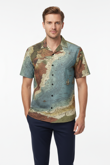 Vintage Nautical Map Button Shirt with navy chinos