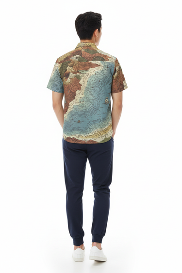 Vintage Nautical Map Button Shirt with navy joggers back
