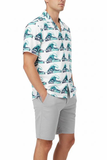 Wave crasher shirt with gray shorts side
