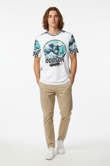 Wave rider tee with tan joggers and athletic shoes