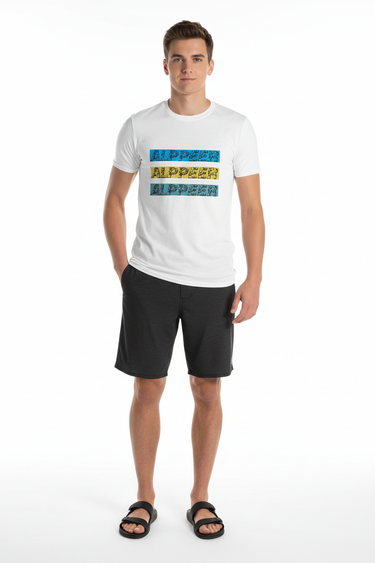 White ALPPEER tee with black boardshorts