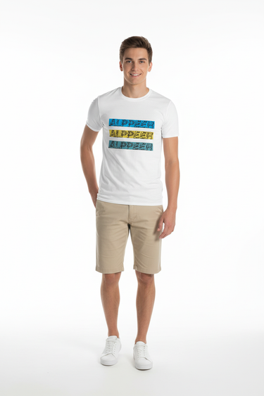 White ALPPEER tee with chino shorts