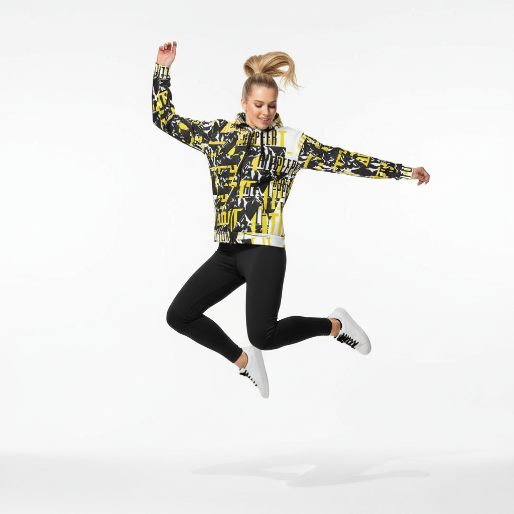 White blonde female model - energetic jump