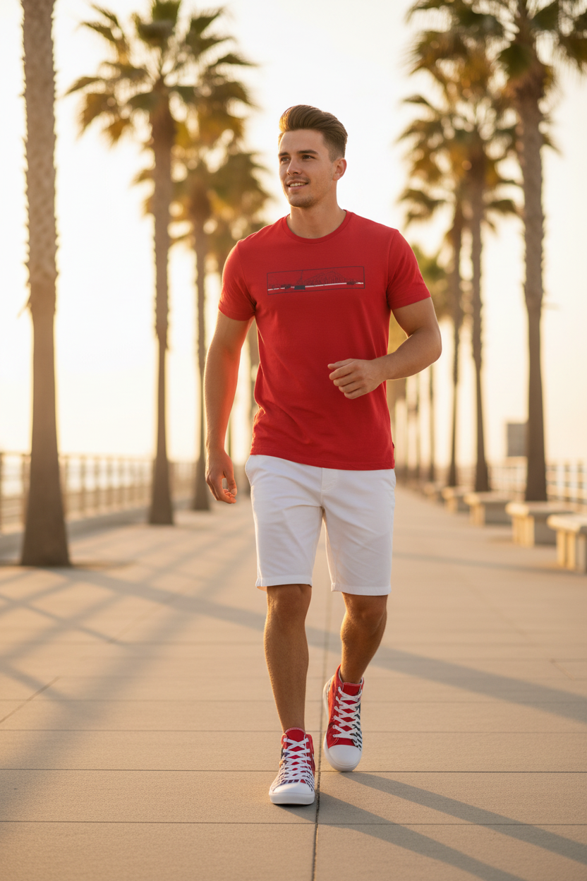White boardshorts red tee boardwalk