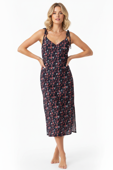 White female model in dress