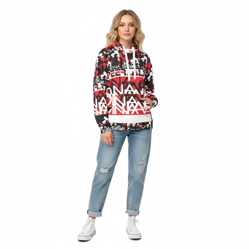 White female model in Peniel hoodie