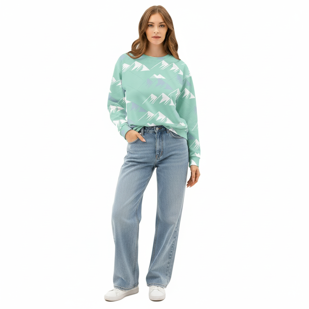 White female model mint sweatshirt white background