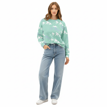 White female model mint sweatshirt white background