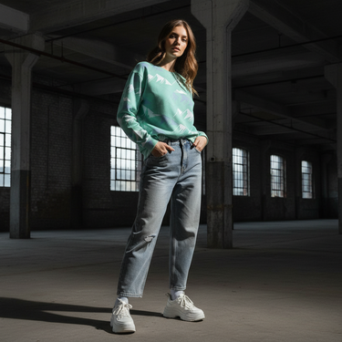 White female model mint sweatshirt