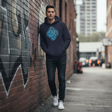 White male model in navy Surfxion hoodie with jeans