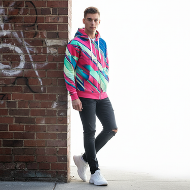 White male model in Retro Days hoodie with dark jeans