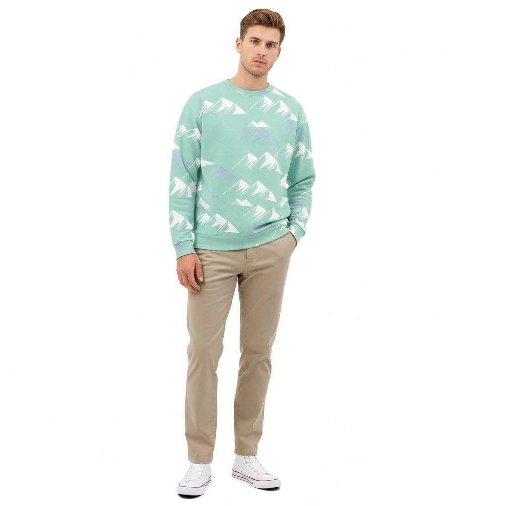 White male model mint sweatshirt white background