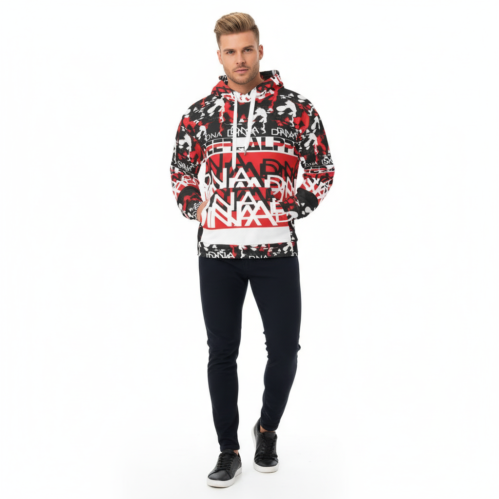 White male model with blonde hair in Peniel hoodie