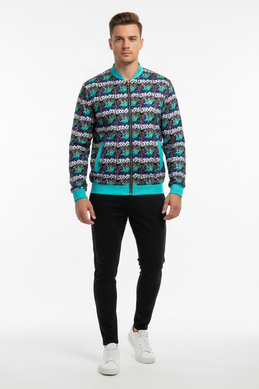 White male model with bomber and black joggers, white sneakers