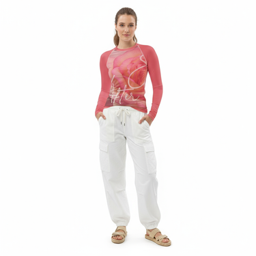 White model with white cargo pants