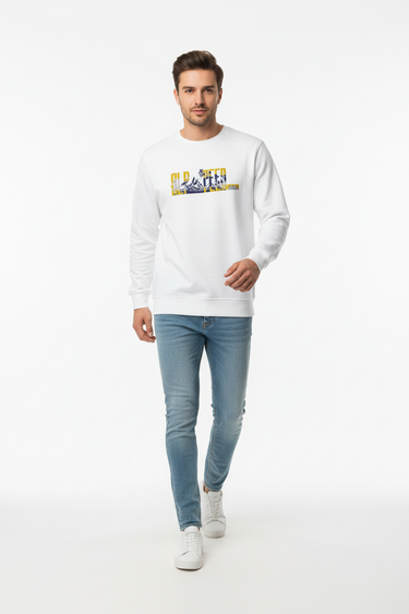 White sweatshirt walking pose