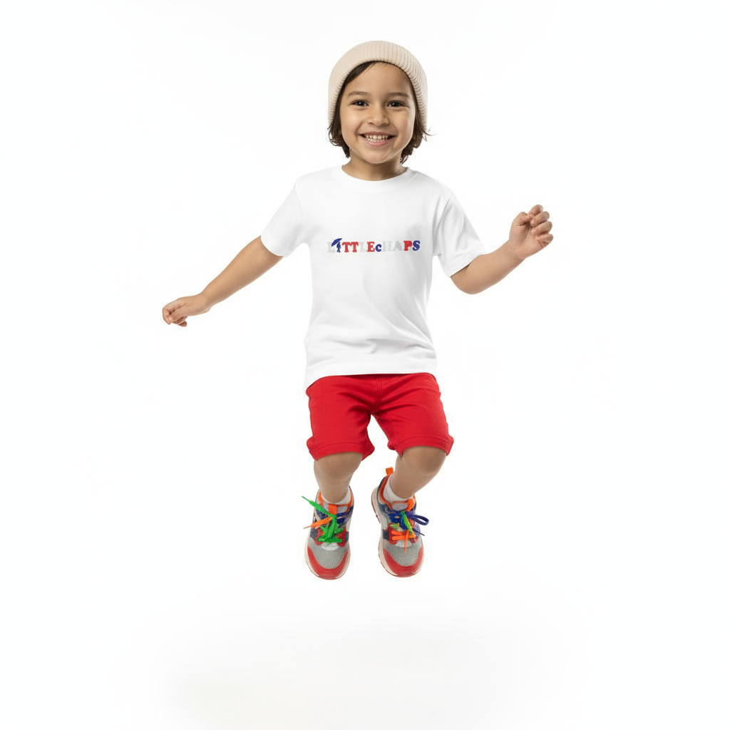 White tee with red shorts and colorful sneakers