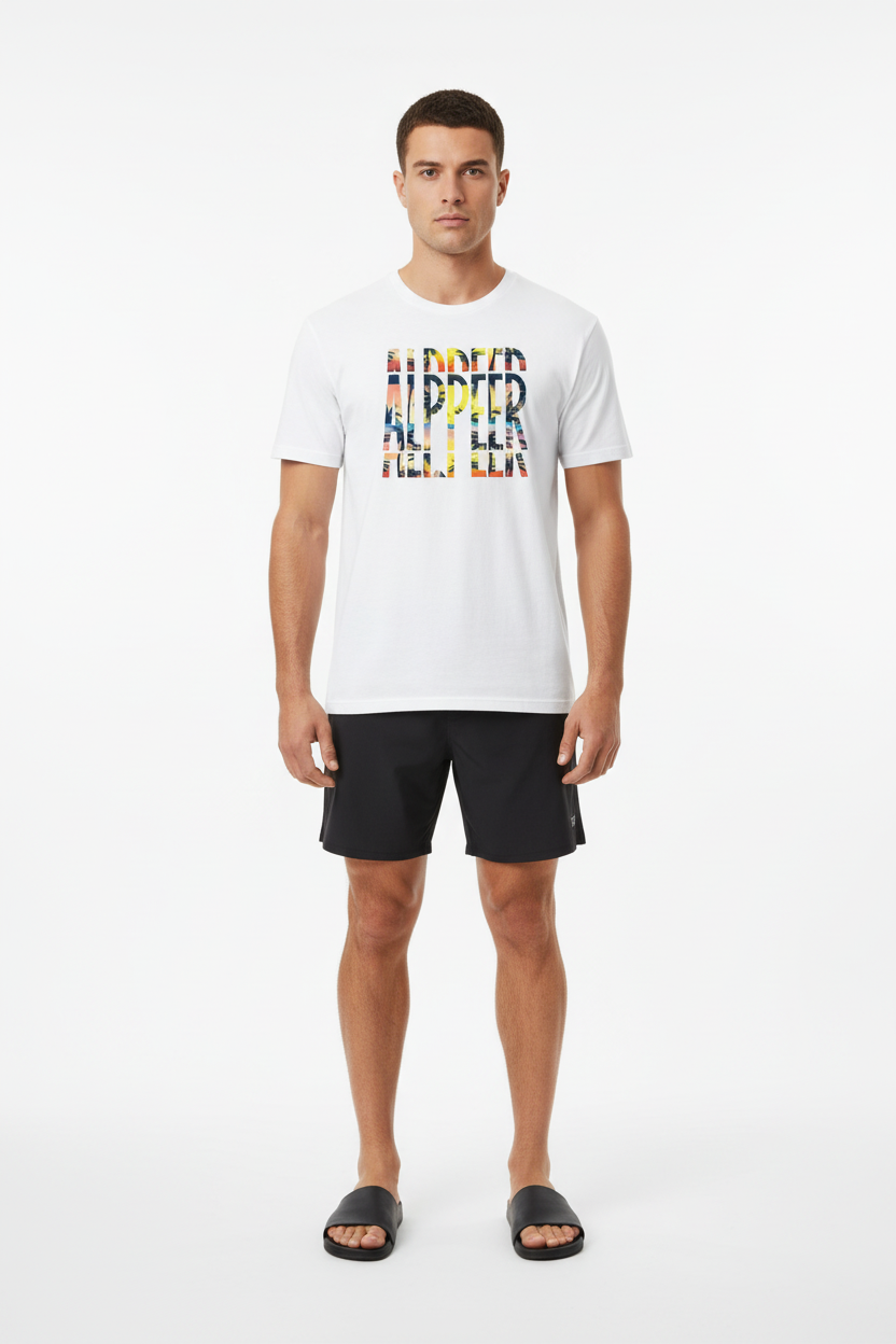 White Tropical ALPPEER Tee with Black Boardshorts - Full Body