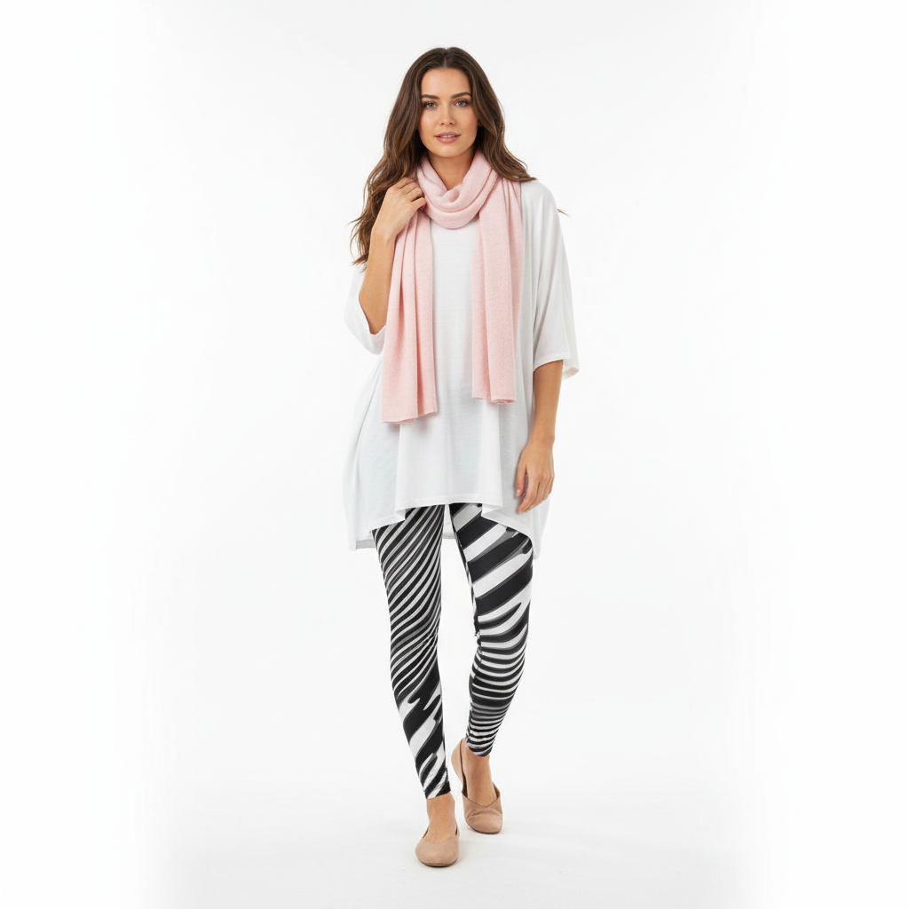 White tunic pink scarf romantic look