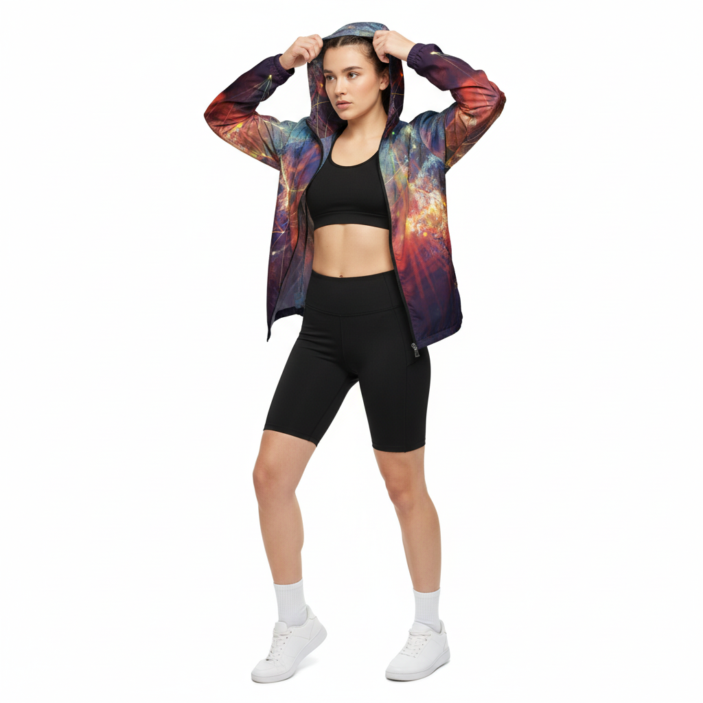 Woman in galaxy windbreaker athletic look