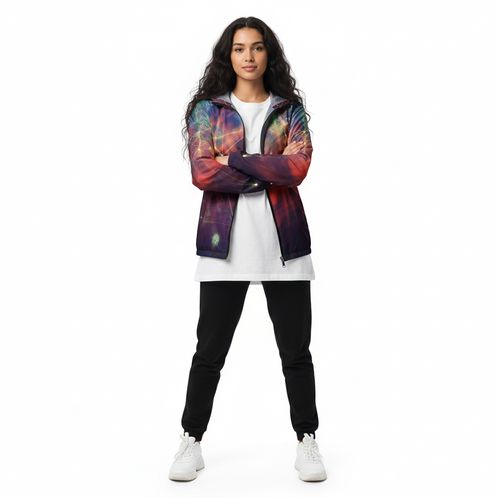 Woman in galaxy windbreaker with joggers