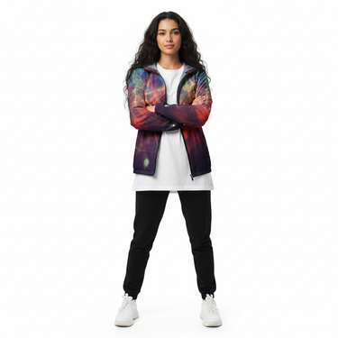 Woman in galaxy windbreaker with joggers