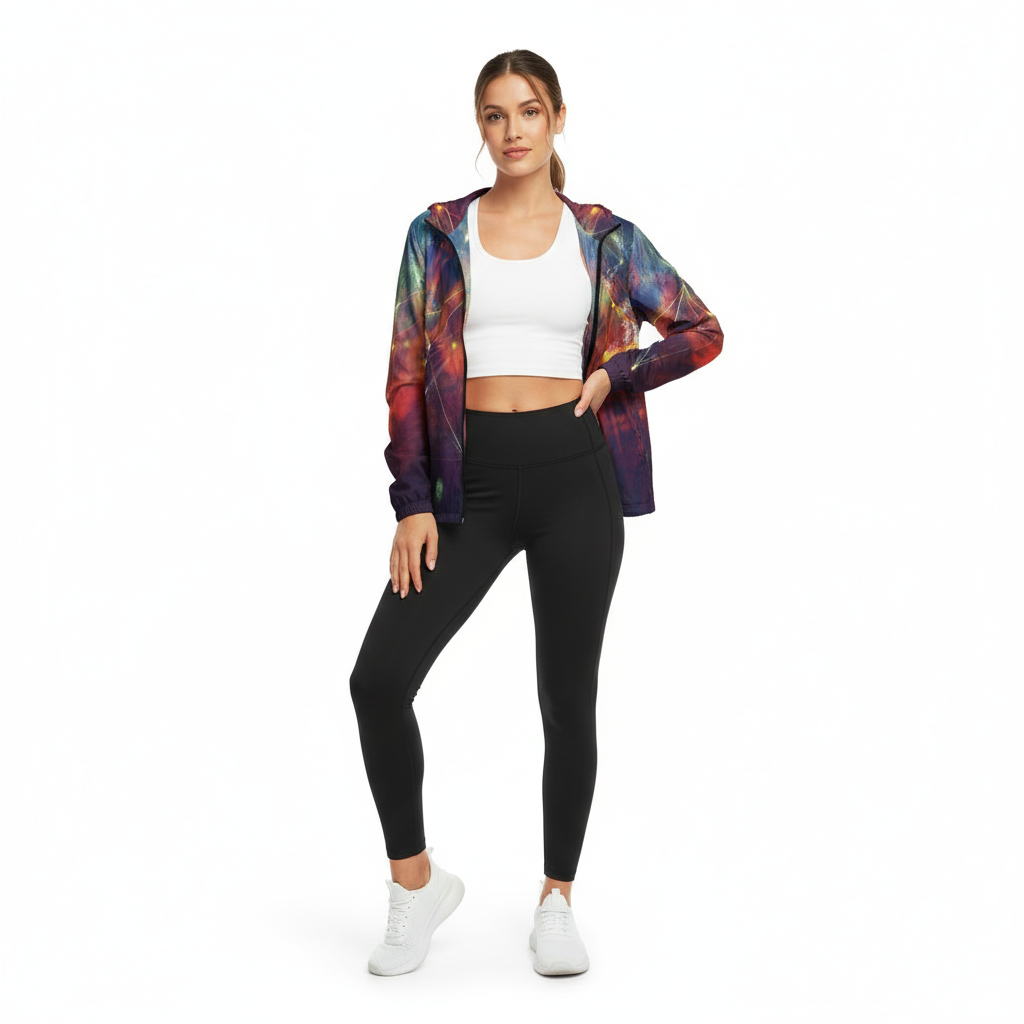 Woman in galaxy windbreaker with leggings