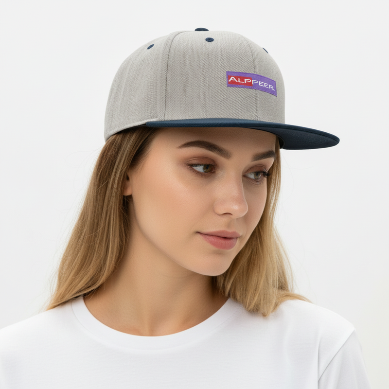 Woman wearing heather grey and navy snapback, head tilted down