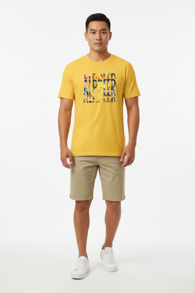 Yellow Tropical ALPPEER Tee with Khaki Chinos - Full Body